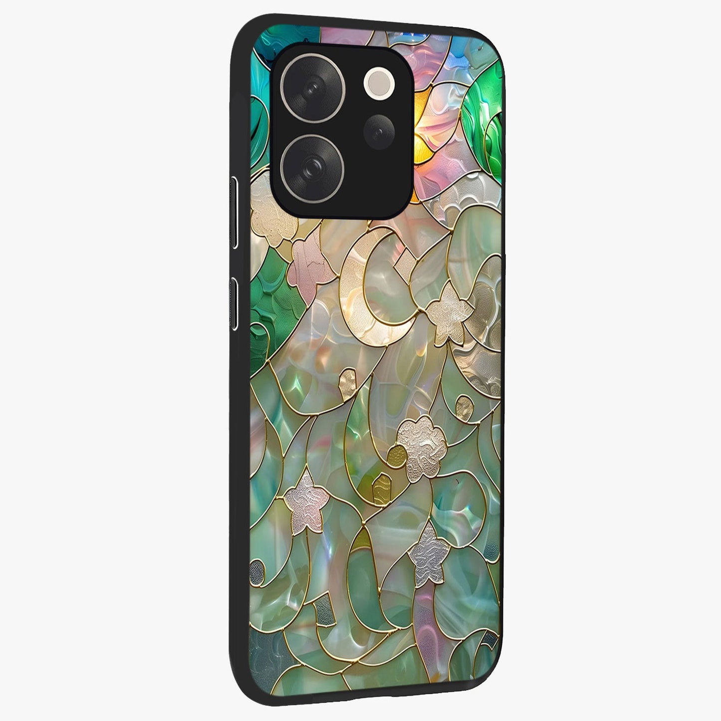 Stained Sunrise Glow Glass Case upright view showcasing colorful sunrise artwork with warm morning theme.