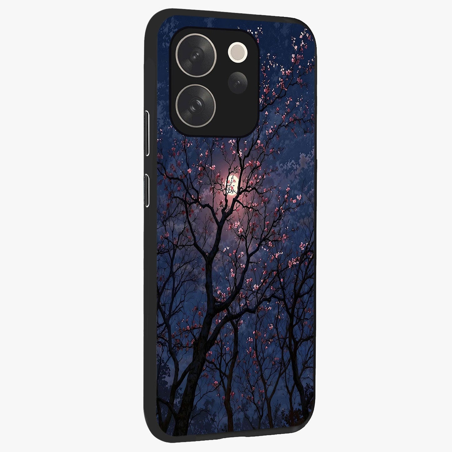 Twilight Sakura Serenade Glass Case upright view showcasing beautiful cherry blossom artwork with serene evening theme.