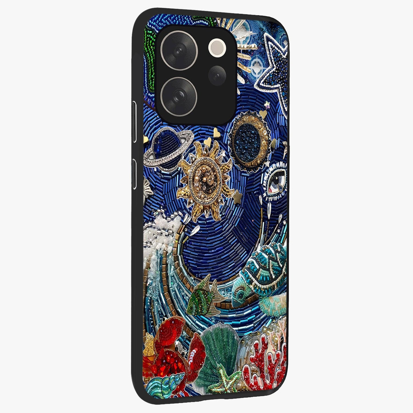 Universe Underwater Spark Glass Case upright view showcasing magical underwater galaxy artwork with vibrant cosmic theme.