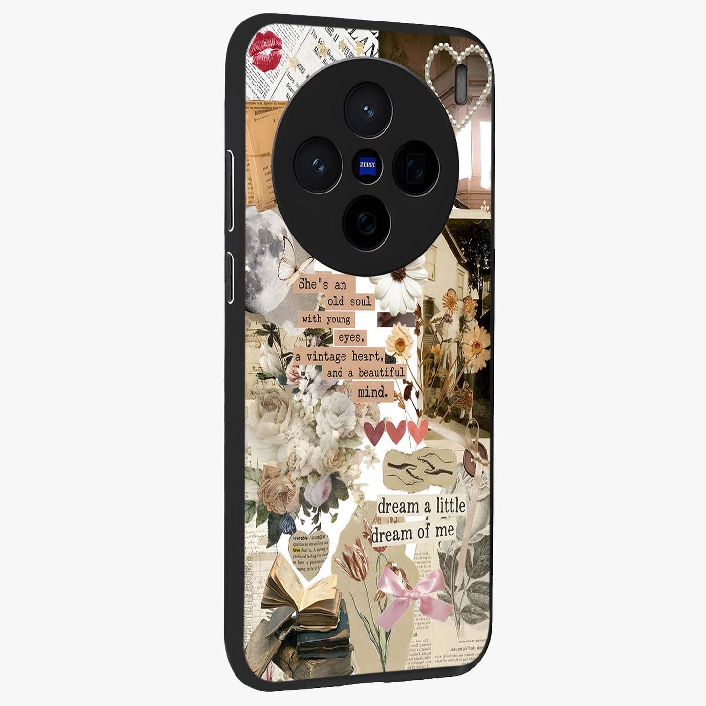 Aesthetic Brown Vintage Collage Glass Case upright view showcasing nostalgic retro artwork with stylish vintage theme.