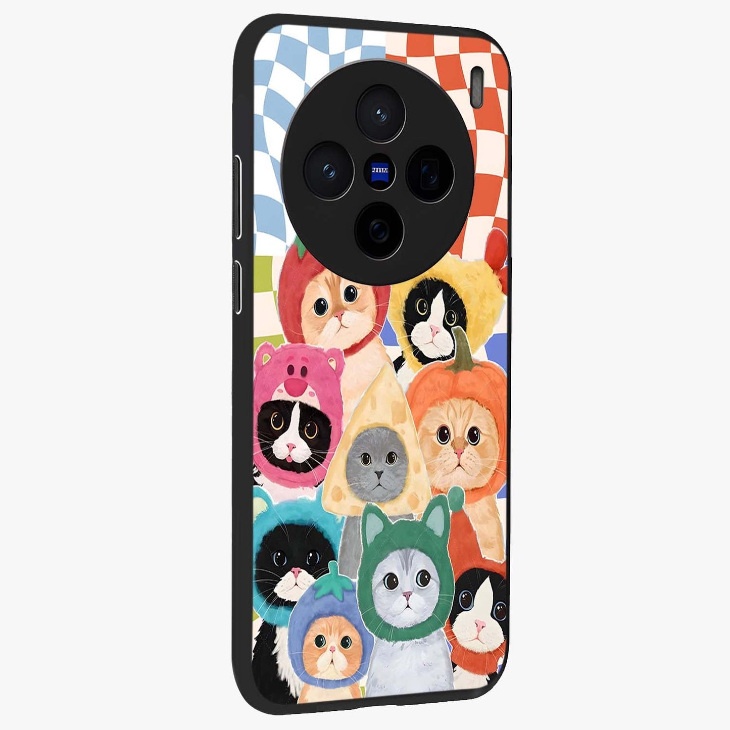 Cats in Fruits Glass Case upright view showcasing charming cat artwork with fun fruity theme.