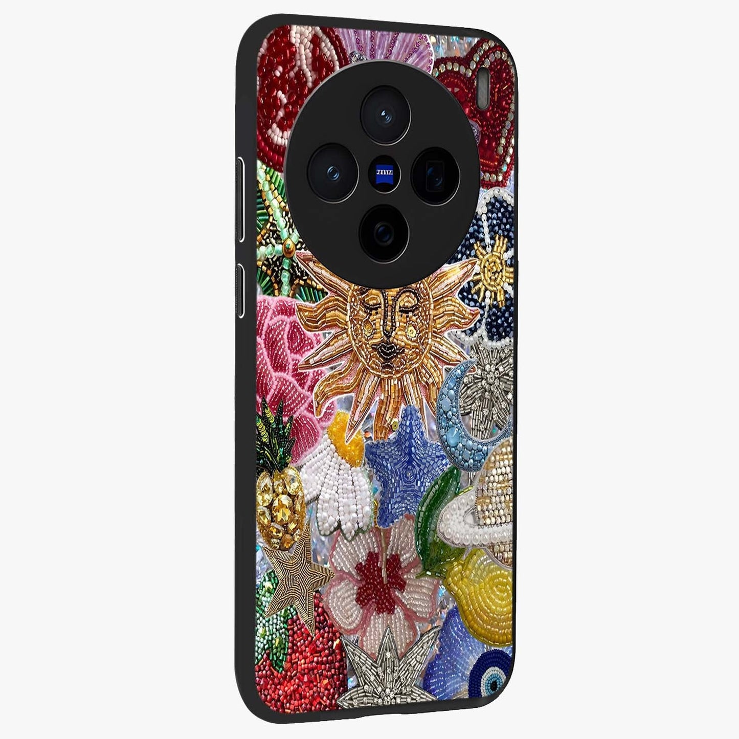 Celestial Floral and Playful Glass Case upright view showcasing whimsical floral artwork with cosmic aesthetic theme.