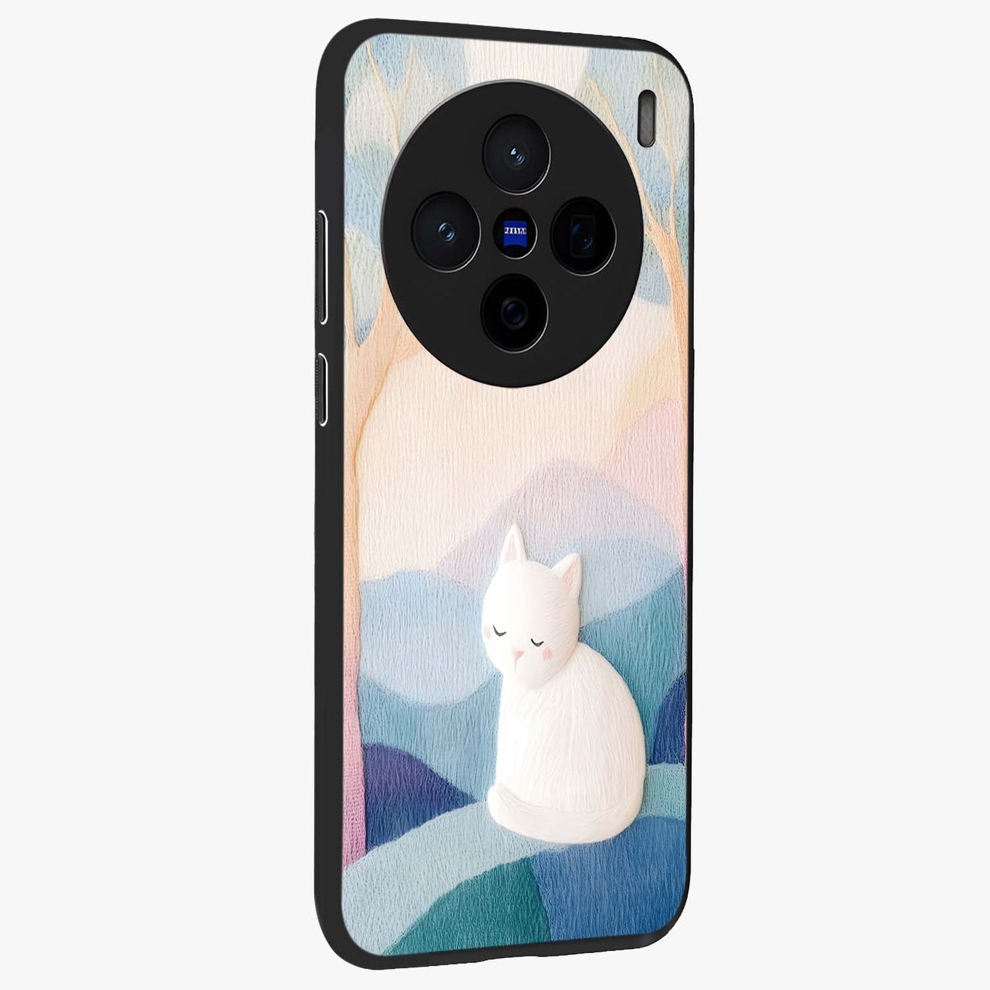 Cotton Dream Cat Glass Case upright view showcasing charming cat artwork with cozy dreamy theme.