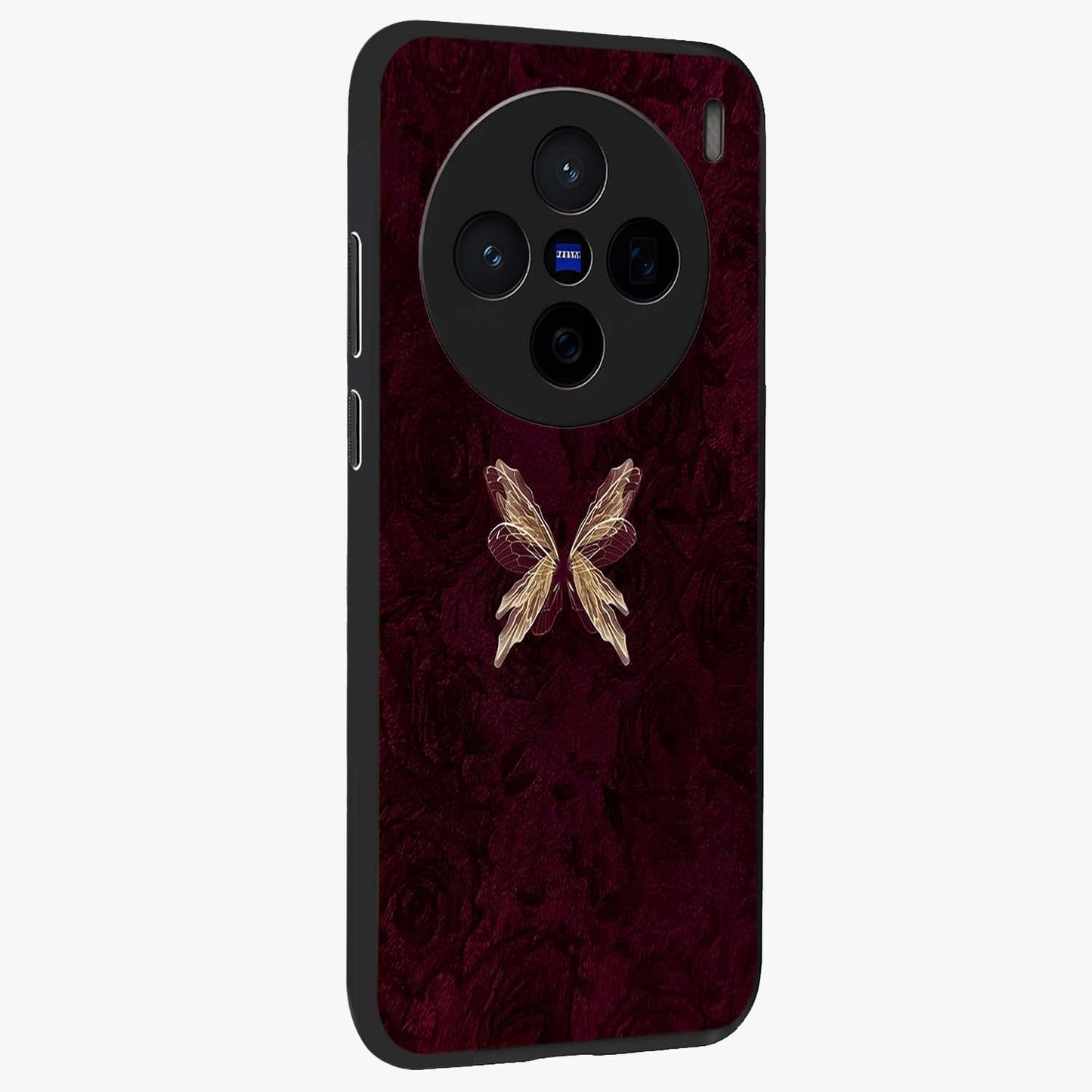 Crimson Fade Butterfly Glass Case upright view showcasing graceful butterfly artwork with soft crimson fade effect.