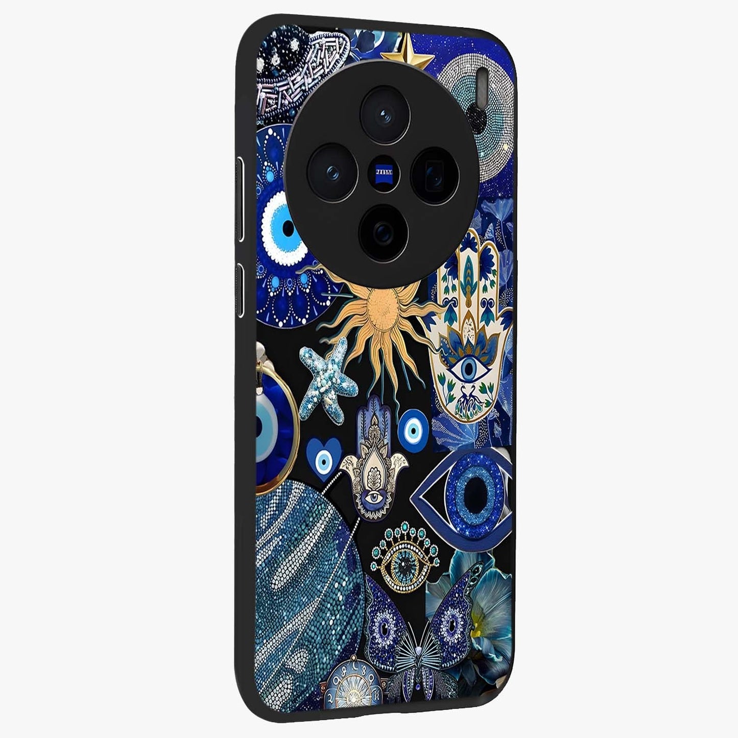 Evil Eye Charm Mix Glass Case upright view showcasing mystical evil eye pattern with vibrant decorative style.