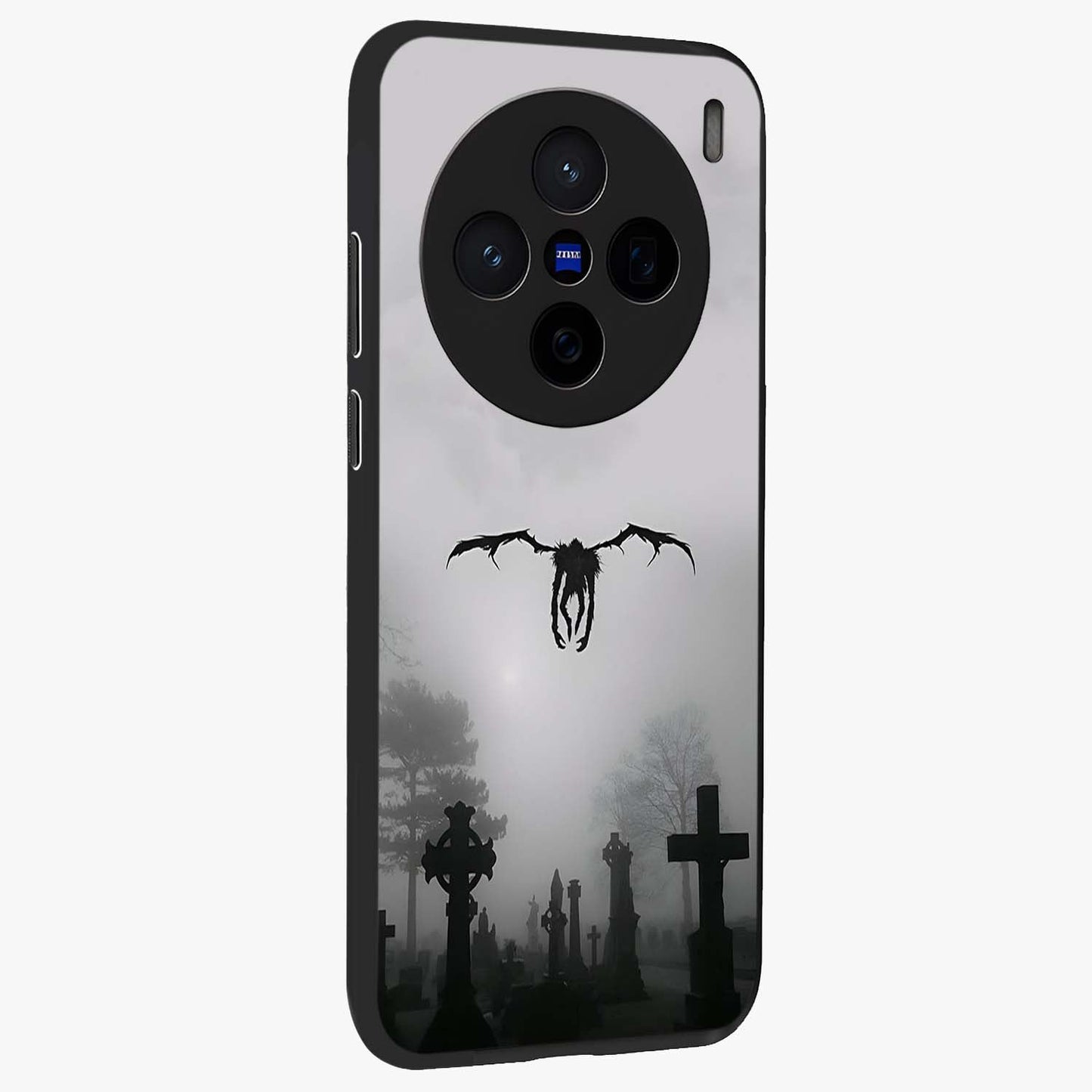 Graveyard Shadow Descent Glass Case upright view showcasing haunting graveyard artwork with dramatic dark theme.
