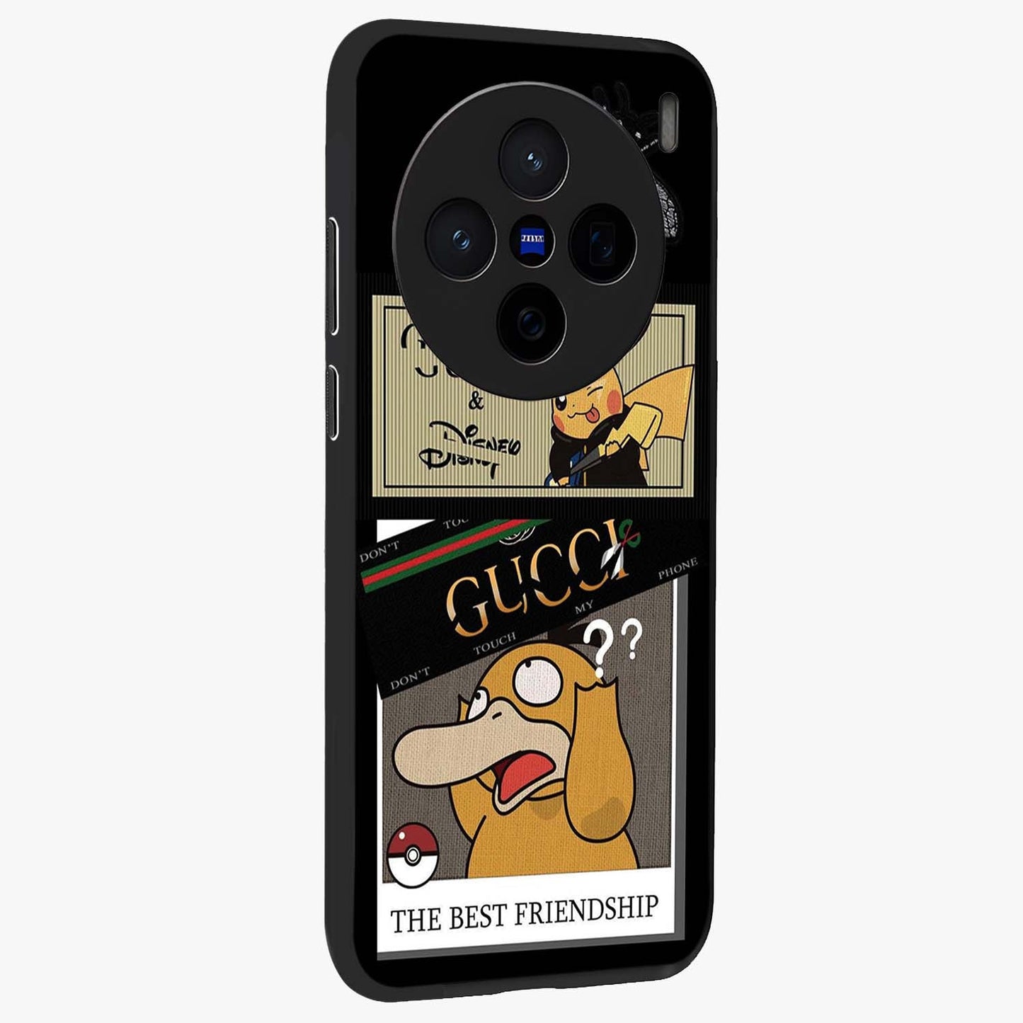 Gucci Play Mashup Glass Case upright view showcasing trendy luxury inspired artwork with modern fashion theme.