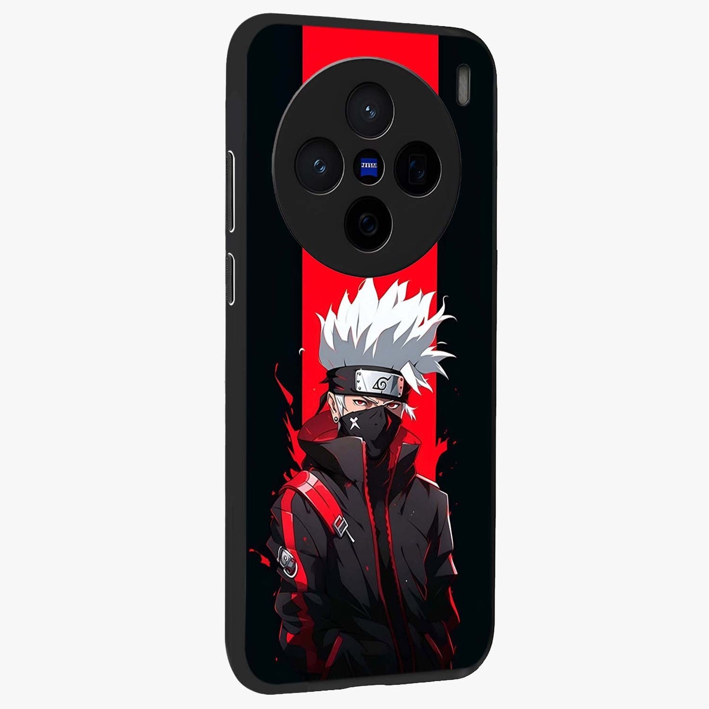 Kakashi Scarlet Shadow Glass Case upright view showcasing intense anime ninja artwork with dark action theme.