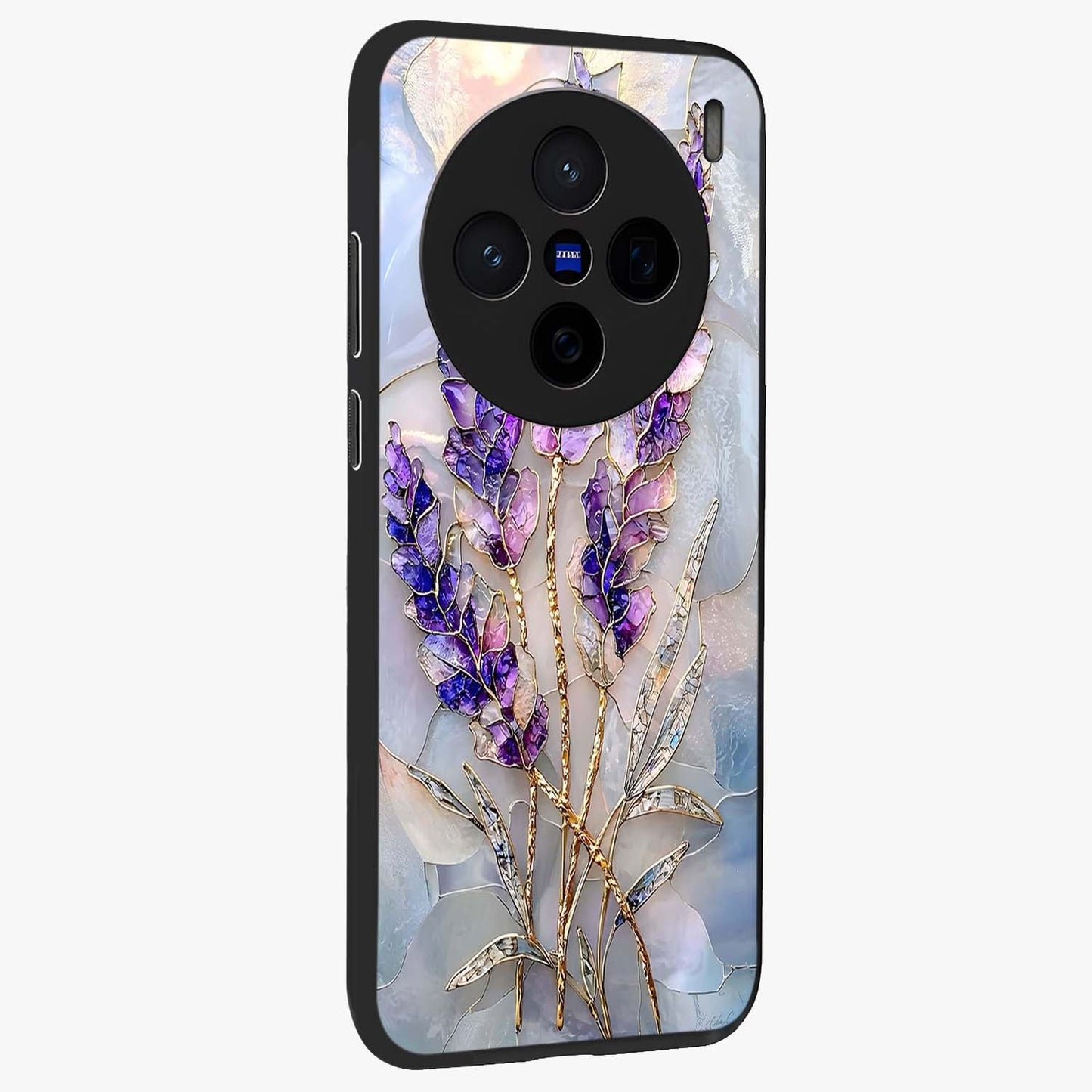 Lavender Dream Glow Glass Case upright view showcasing radiant lavender glow artwork with calming dreamy theme.