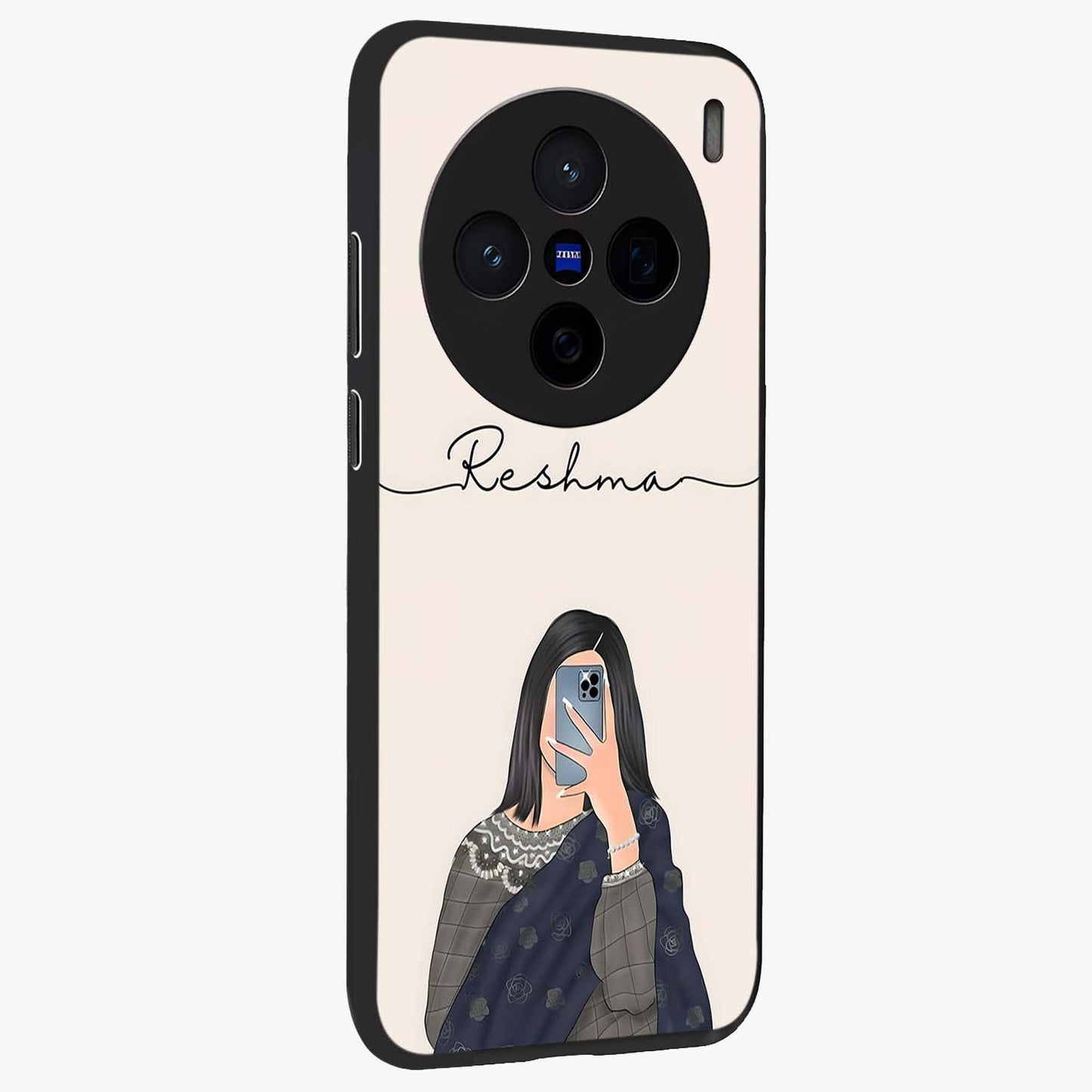 Mirror Mood Muse With Custom Name Glass Case upright view showcasing artistic mirror themed artwork with personalized aesthetic.