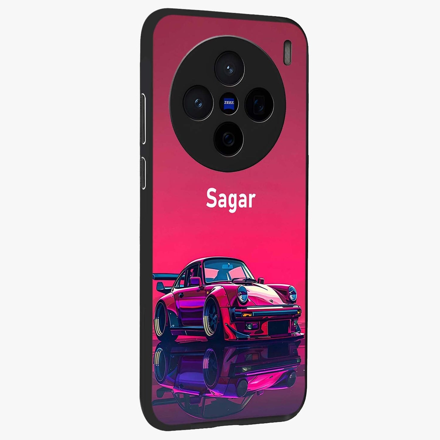 Neon Pink Porsche Glass Case upright view showcasing vibrant sports car artwork with bold automotive theme.