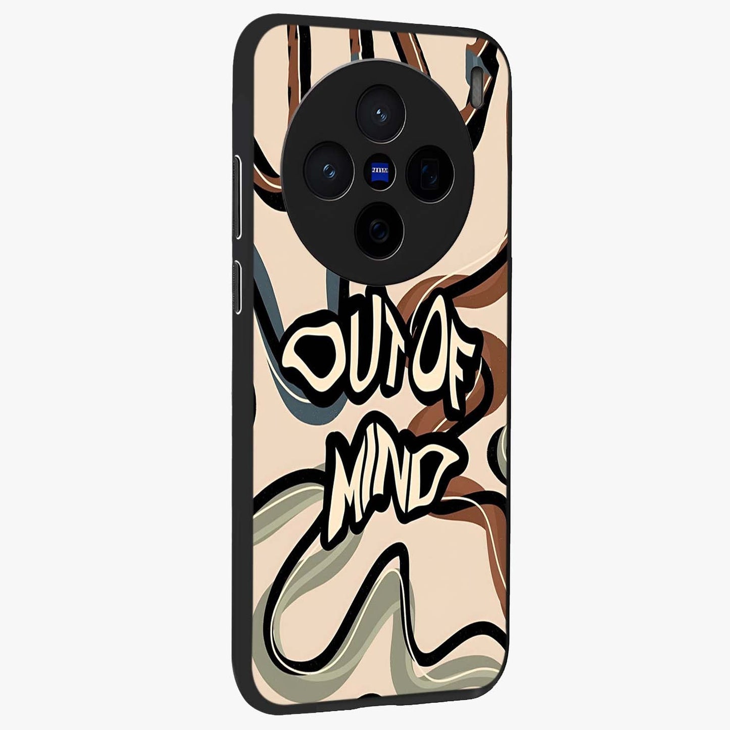 Out Of Mind Glass Case upright view showcasing striking typography artwork with edgy conceptual theme.