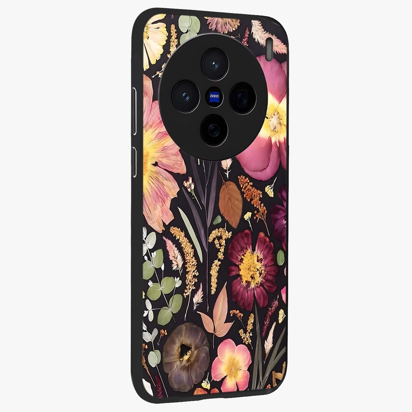 Petal Dream Tapestry Glass Case upright view showcasing detailed floral tapestry artwork with artistic nature theme.