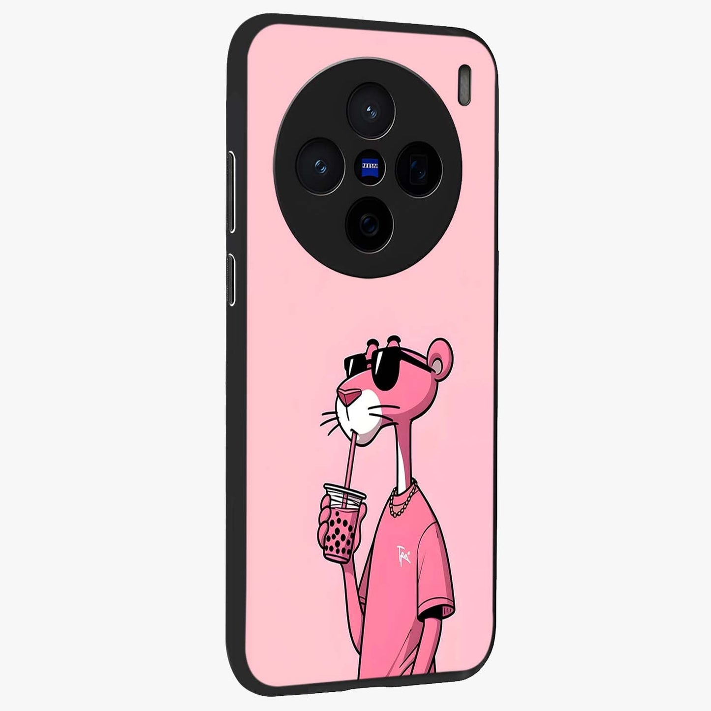 Pink Panther Glass Case upright view showcasing fun animated artwork with stylish retro cartoon theme.