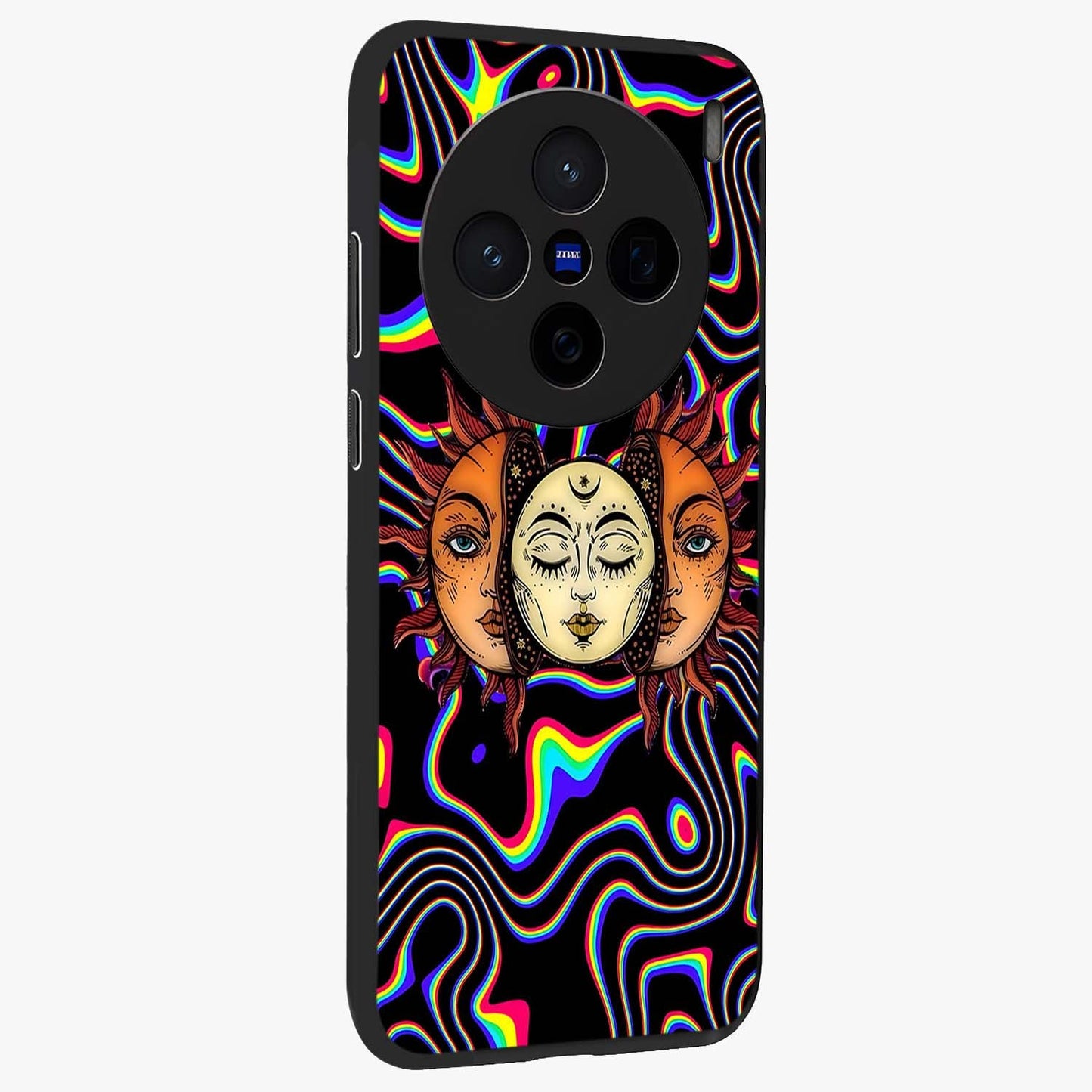 Psychedelic Sun Glass Case upright view showcasing trippy sun artwork with bold psychedelic theme.