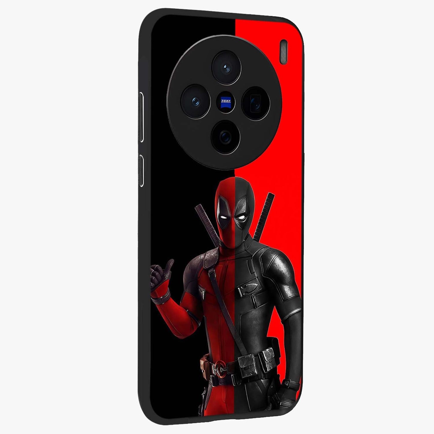 Red & Black Deadpool Theme Glass Case upright view showcasing energetic comic themed artwork with striking red and black design.