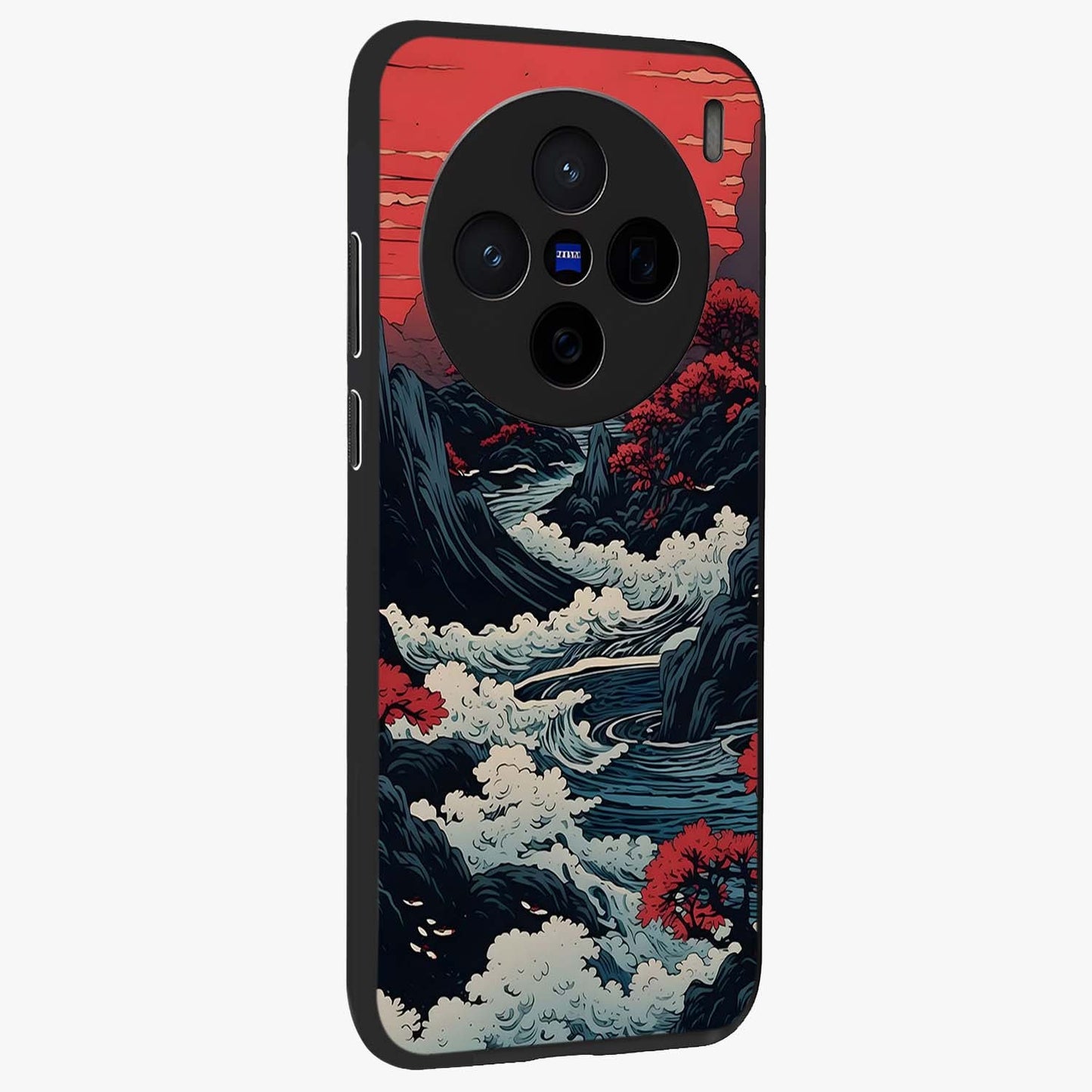 Red Sunset Scenery Glass Case upright view showcasing dramatic sunset scenery artwork with warm nature theme.