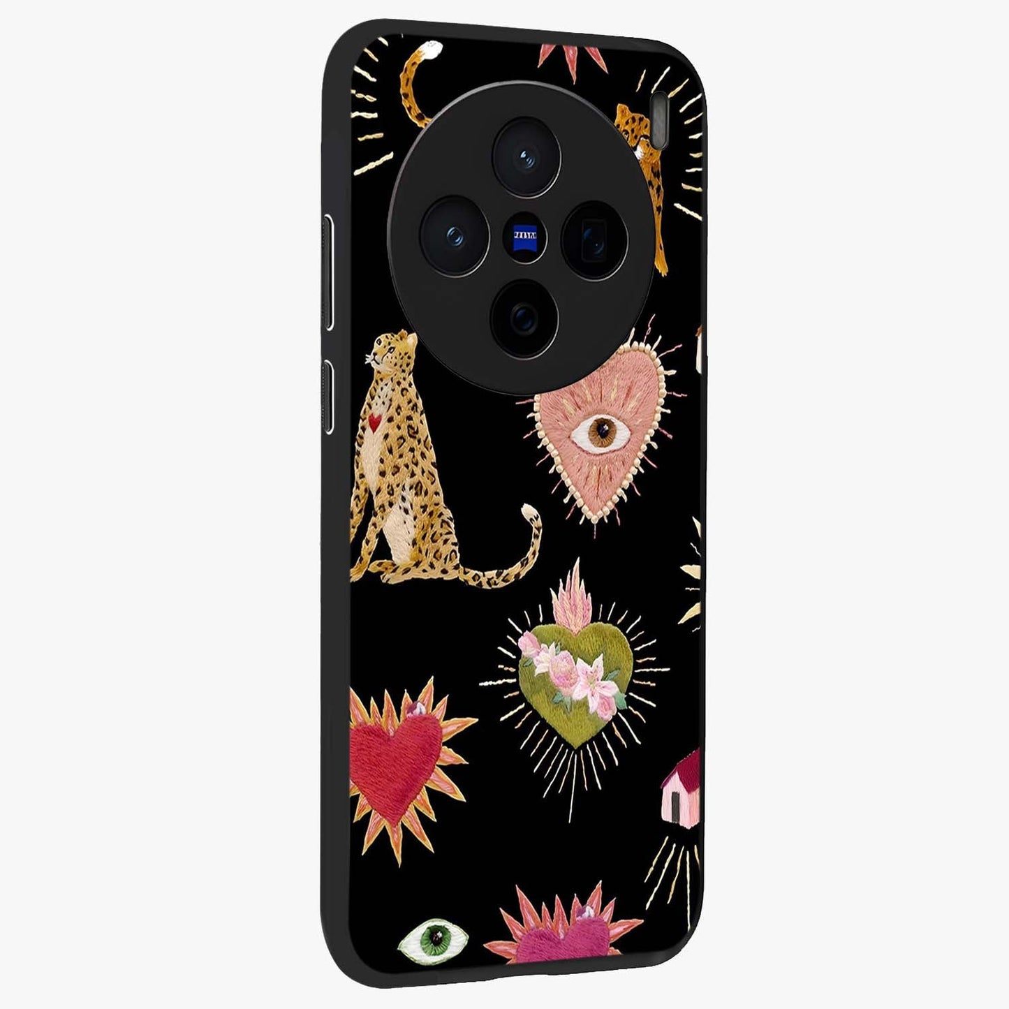 Sacred Jungle Heart Glass Case upright view showcasing vibrant jungle artwork with symbolic heart theme.