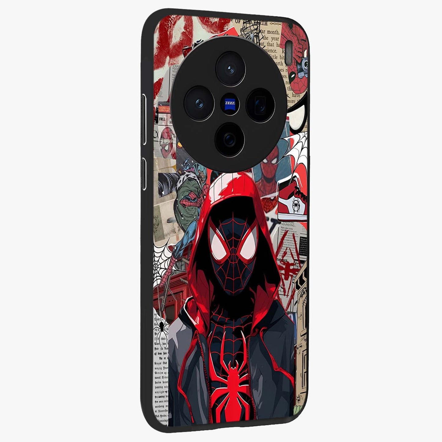 Spider Collage Street Glass Case upright view showcasing bold superhero artwork with urban street theme.