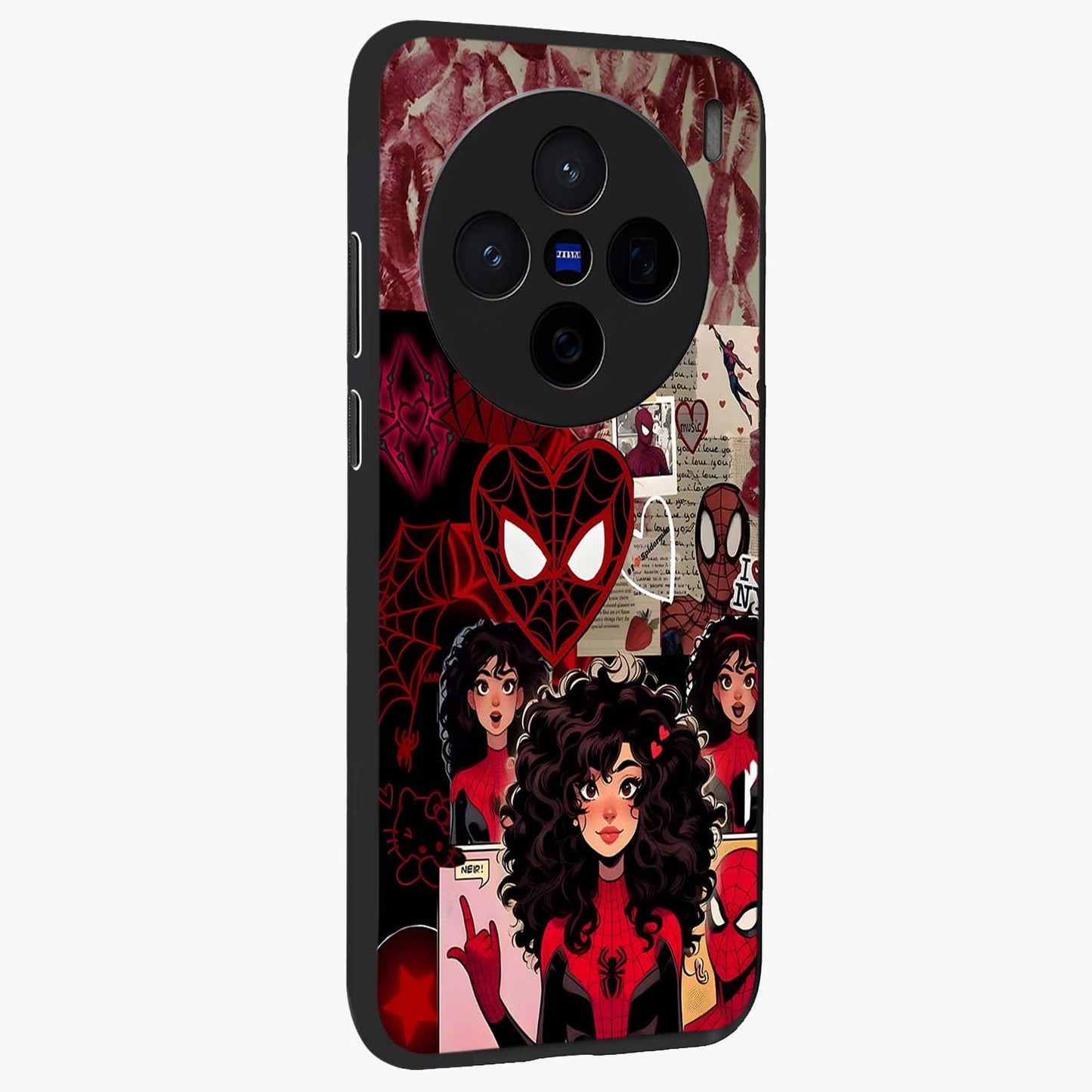 Spider Love Story Glass Case upright view showcasing charming superhero artwork with romantic comic theme.