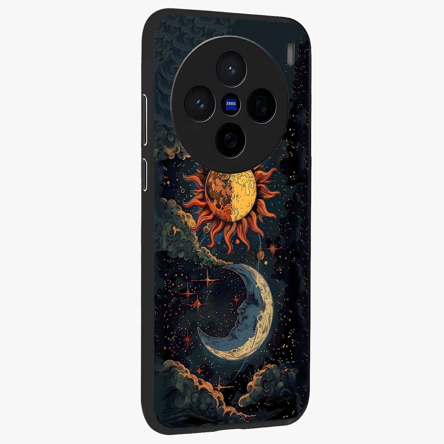 Sun And Moon Magic Design Glass Case upright view showcasing decorative sun and moon artwork with spiritual celestial theme.