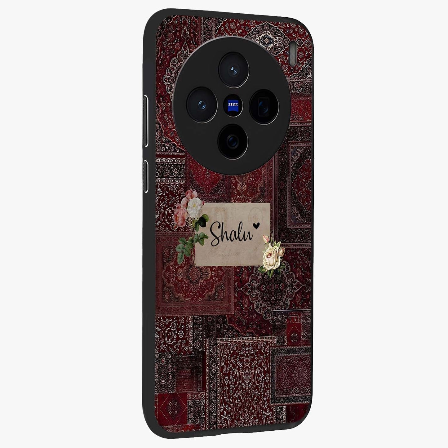 Velvet Wine Pattern Custom Name Glass Case upright view showcasing luxurious wine toned artwork with personalized aesthetic.