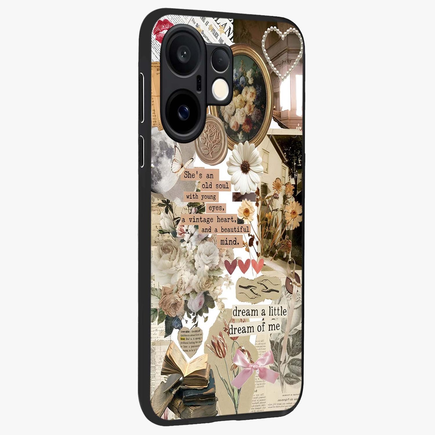 Aesthetic Brown Vintage Collage Glass Case upright view showcasing nostalgic retro artwork with stylish vintage theme.