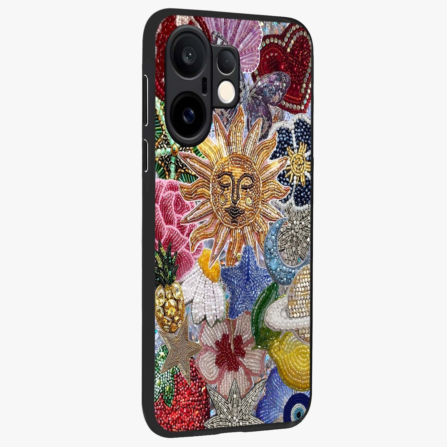 Celestial Floral and Playful Glass Case upright view showcasing whimsical floral artwork with cosmic aesthetic theme.