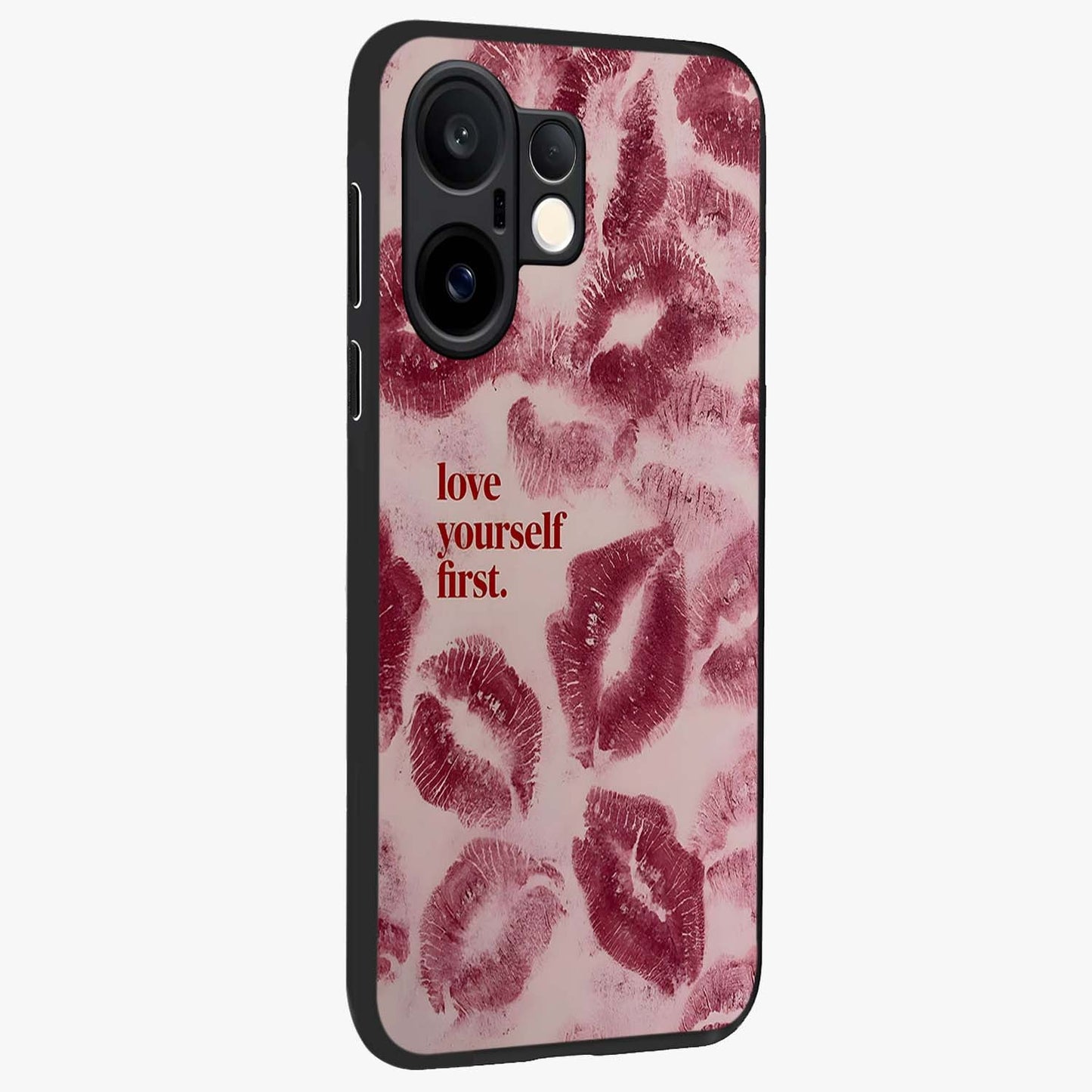 Crimson Kiss Love Glass Case upright view showcasing expressive romantic artwork with deep crimson theme.