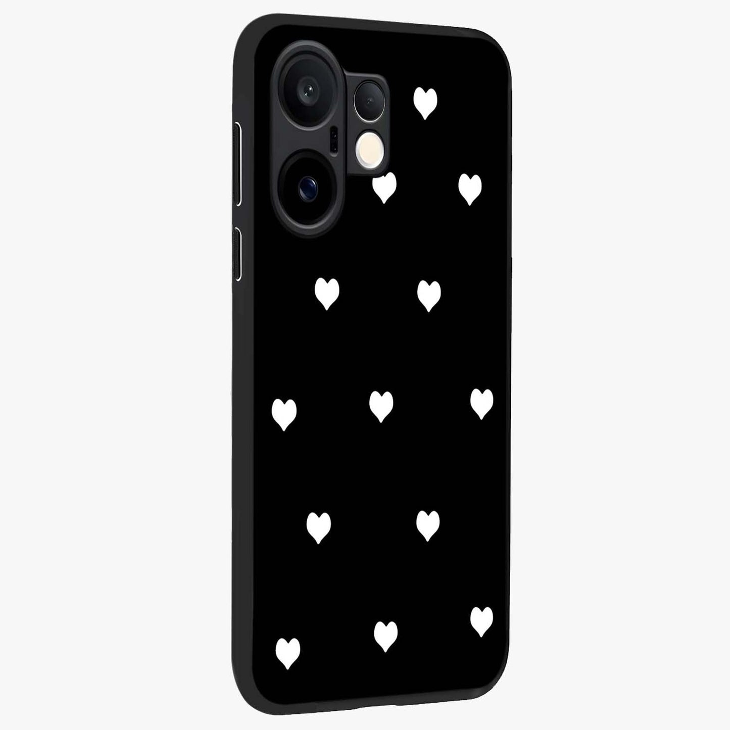 Cute And Simple White Hearts Glass Case upright view showcasing simple white hearts artwork with soft minimal theme.