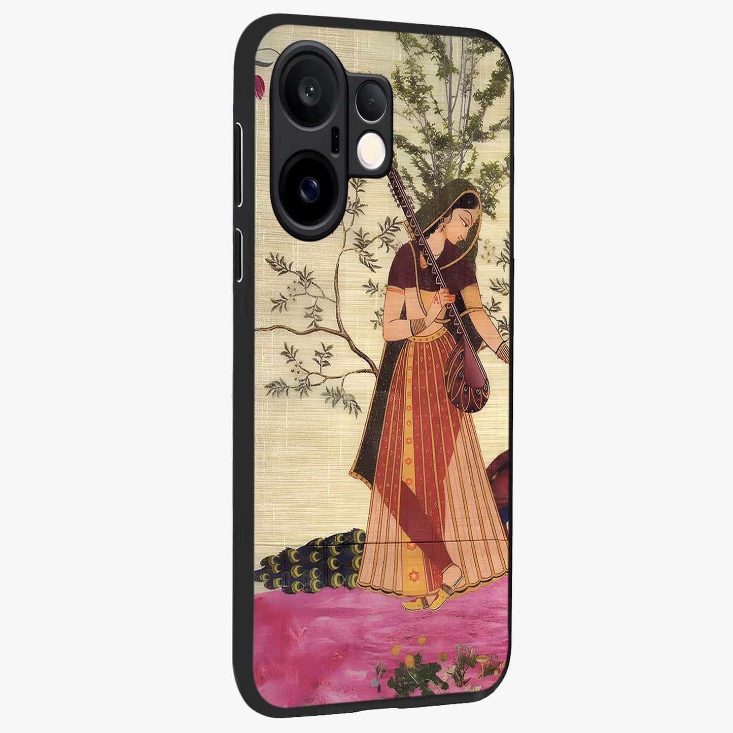 Lady With Veena Art Glass Case upright view showcasing classical veena artwork with traditional artistic theme.