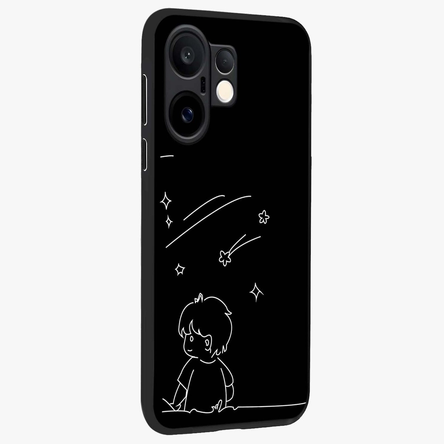 Line Art Boy With Shooting Stars Glass Case upright view showcasing artistic shooting star illustration with minimal style.
