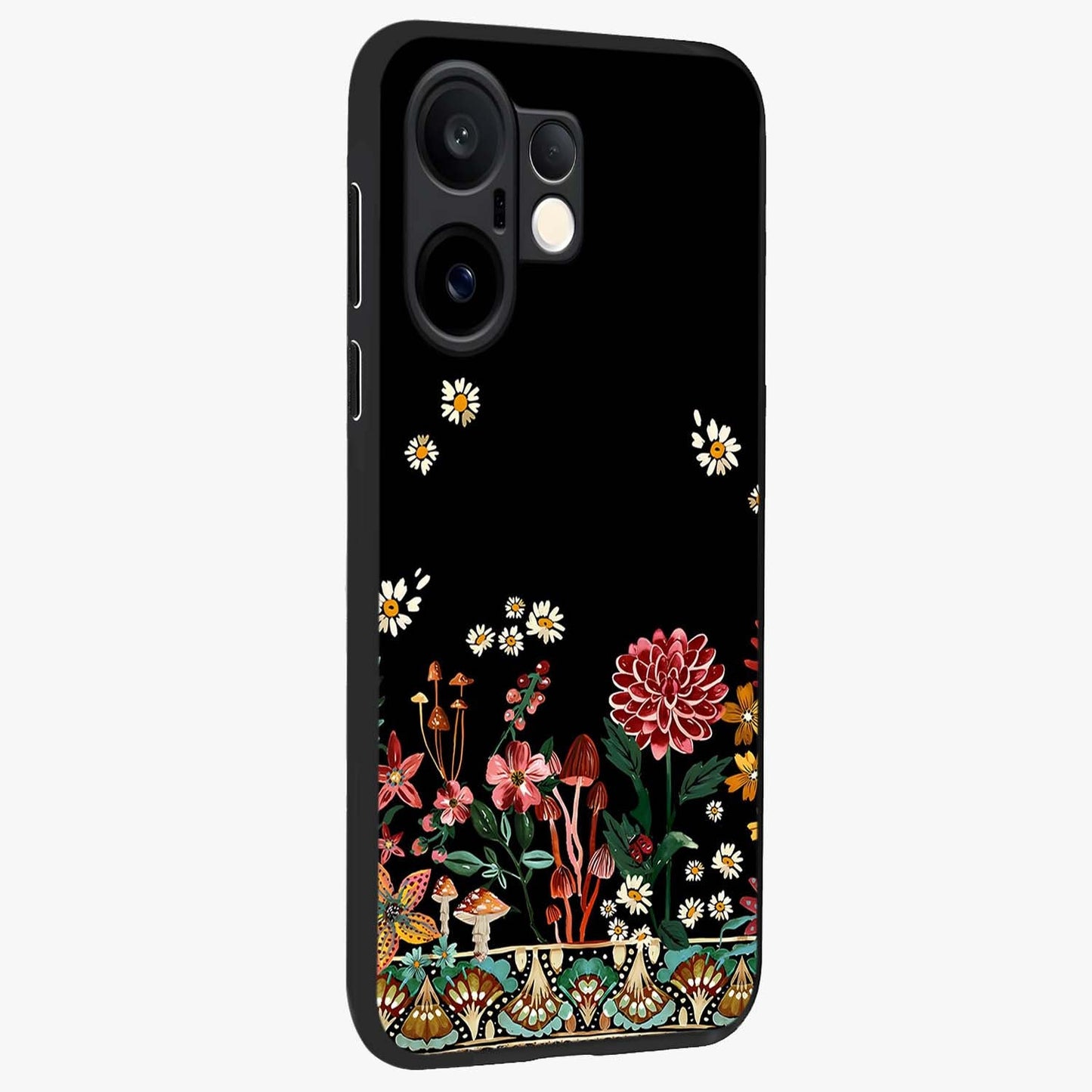 Midnight Bloom Pattern Glass Case upright view showcasing decorative floral artwork with deep night themed palette.