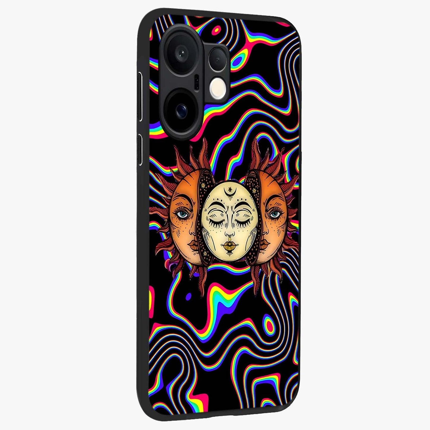 Psychedelic Sun Glass Case upright view showcasing trippy sun artwork with bold psychedelic theme.