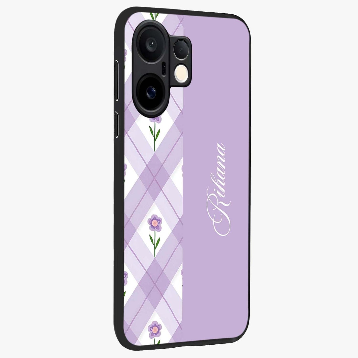 Purple Diamond Floral Glass Case upright view showcasing vibrant floral artwork with stylish geometric theme.