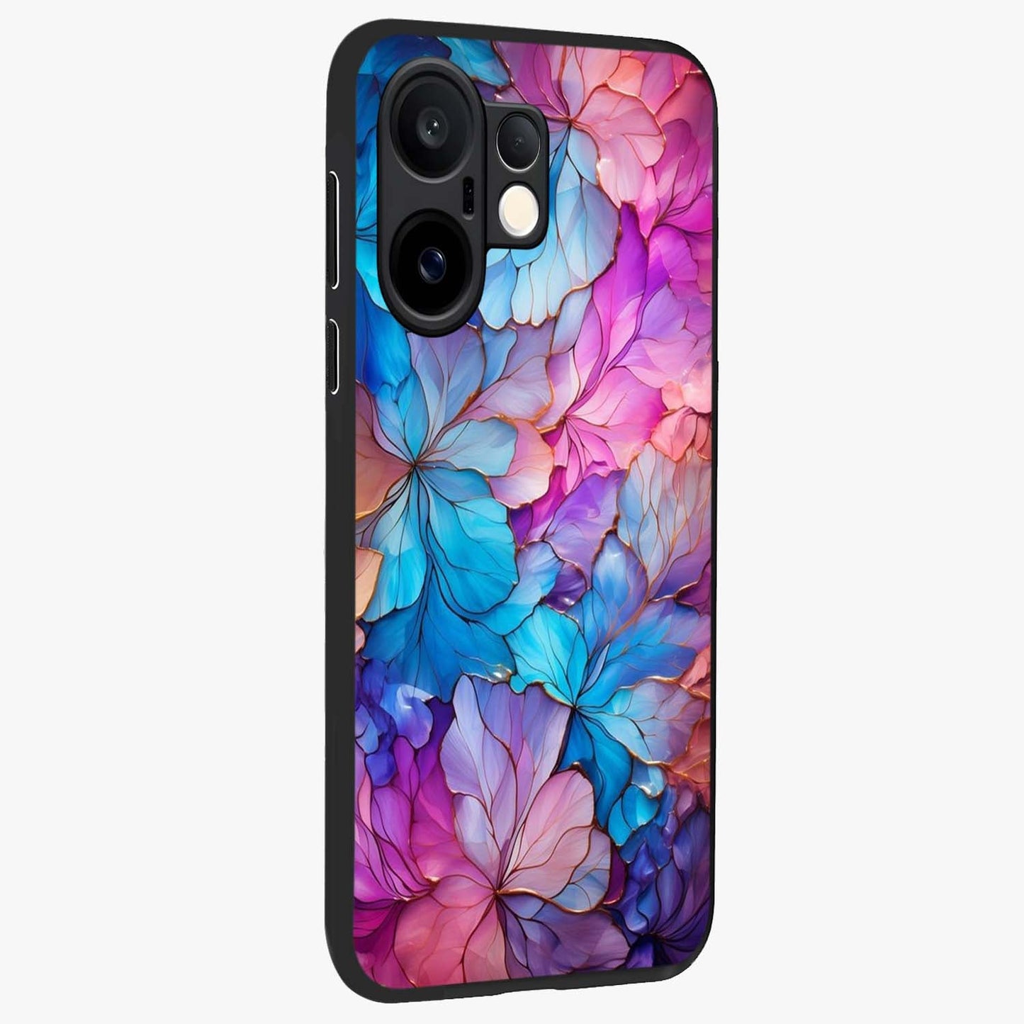 Radiant Floral Whirl Glass Case upright view showcasing lively floral artwork with decorative swirl theme.