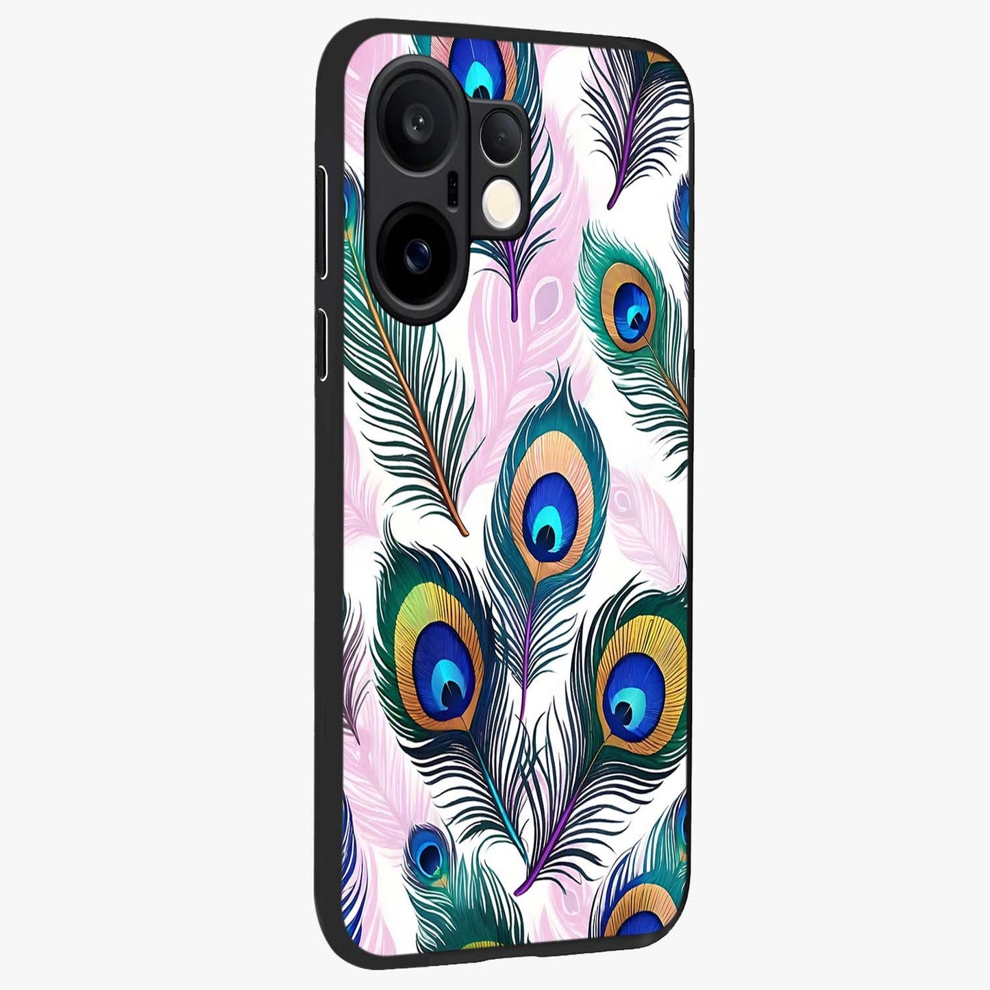 Royal Peacock Feathers Glass Case upright view showcasing elegant peacock feather artwork with decorative royal theme.