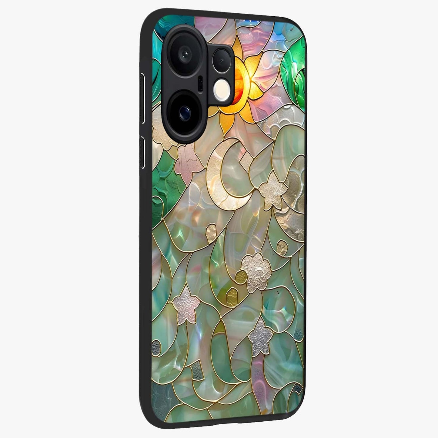Stained Sunrise Glow Glass Case upright view showcasing colorful sunrise artwork with warm morning theme.