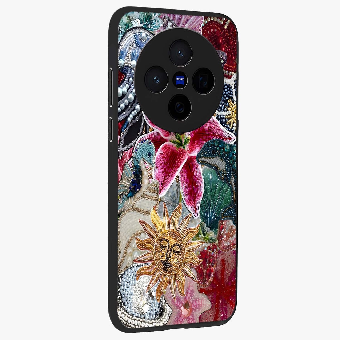 Beaded Garden Fantasy Glass Case upright view showcasing whimsical garden aesthetic with artistic bead details.