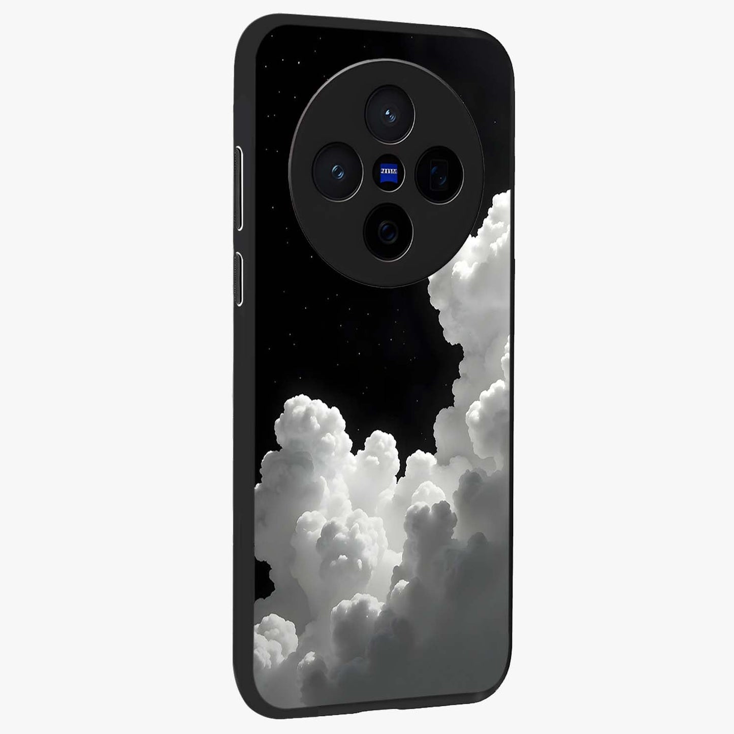 Black Background With White Cloud Glass Case upright view showcasing calm cloud aesthetic with modern minimal style.