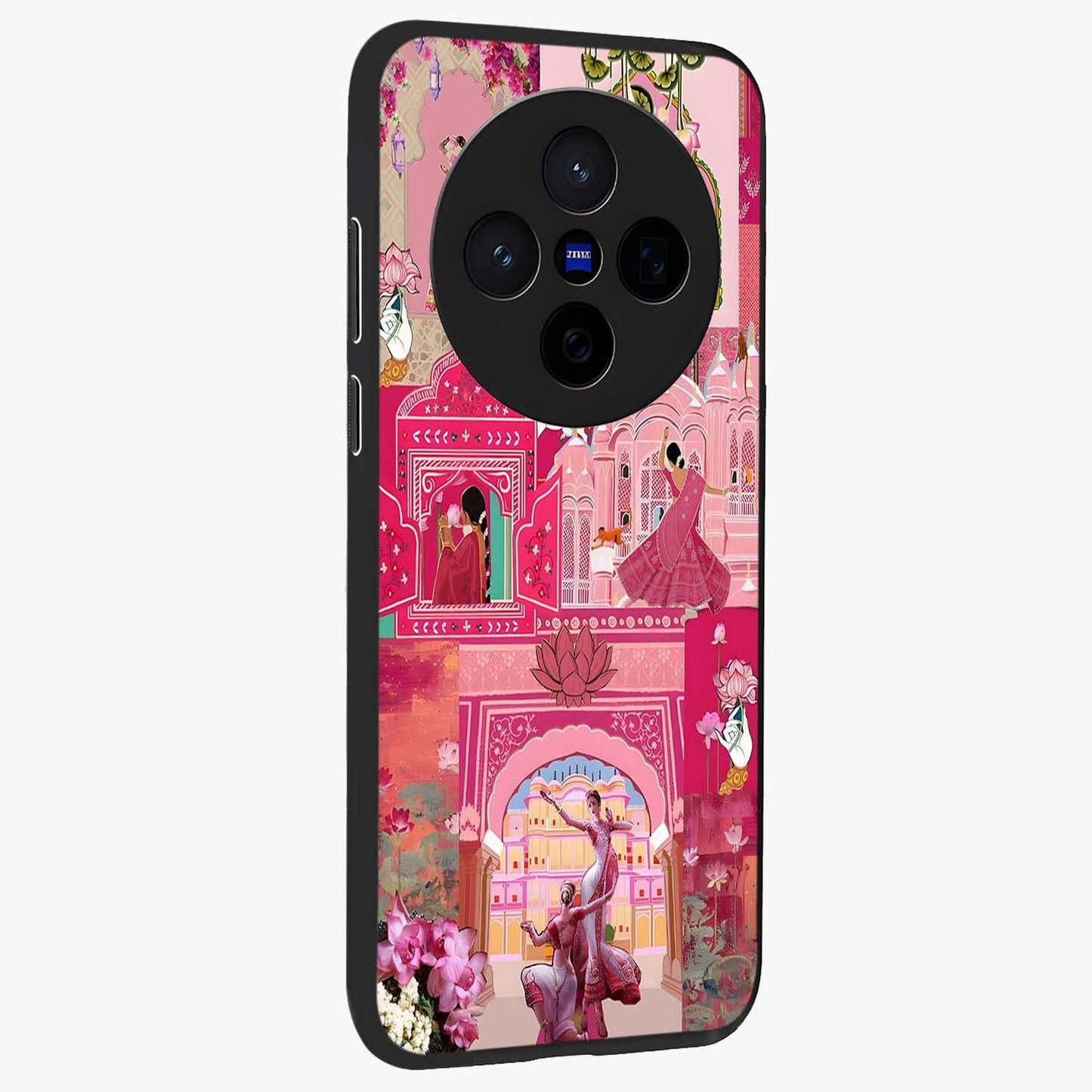Blossoms of Rajasthan Glass Case upright view showcasing colorful floral design inspired by traditional Indian art.