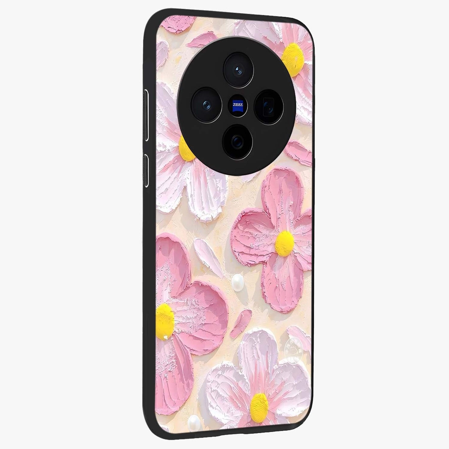 Blush Bloom Texture Glass Case upright view showcasing delicate blush floral texture with modern minimal style.