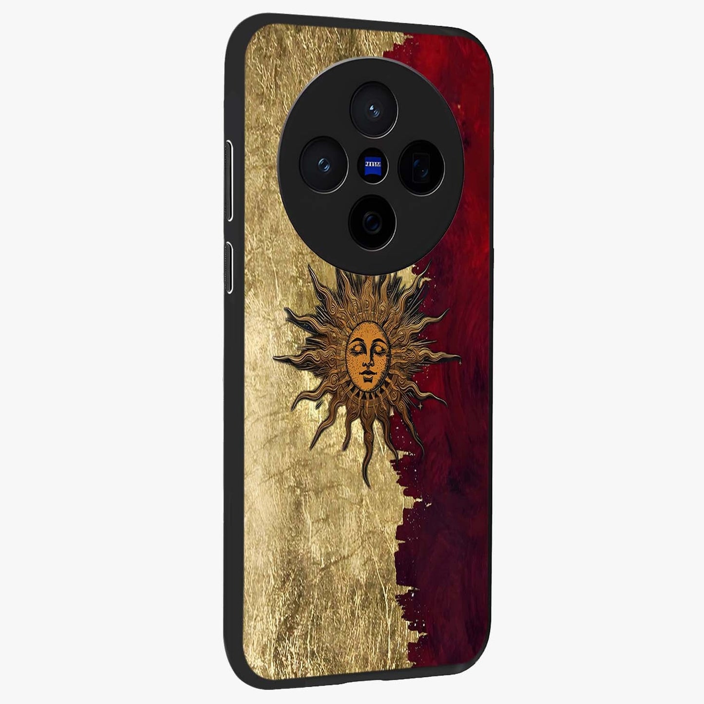 Crimson Sun Majesty Glass Case upright view showcasing vibrant sun artwork with powerful celestial theme.