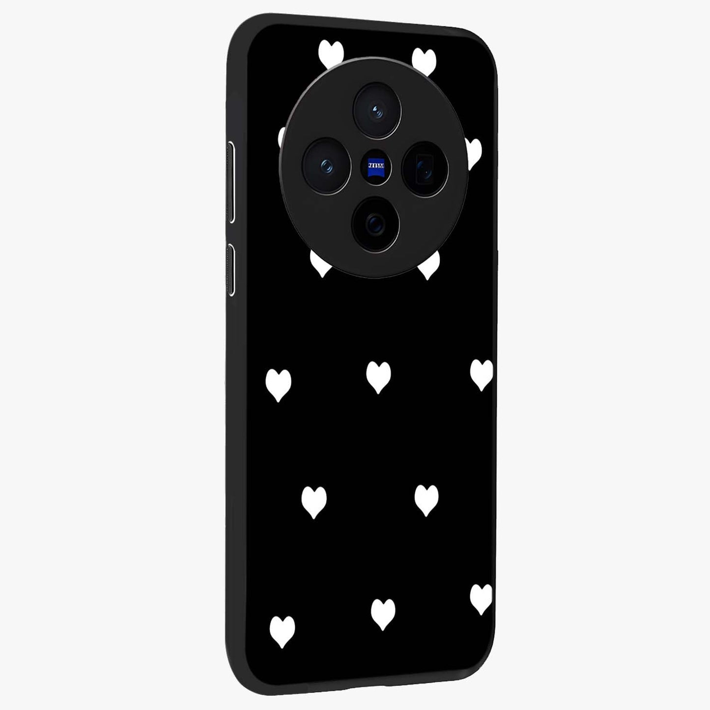 Cute And Simple White Hearts Glass Case upright view showcasing simple white hearts artwork with soft minimal theme.