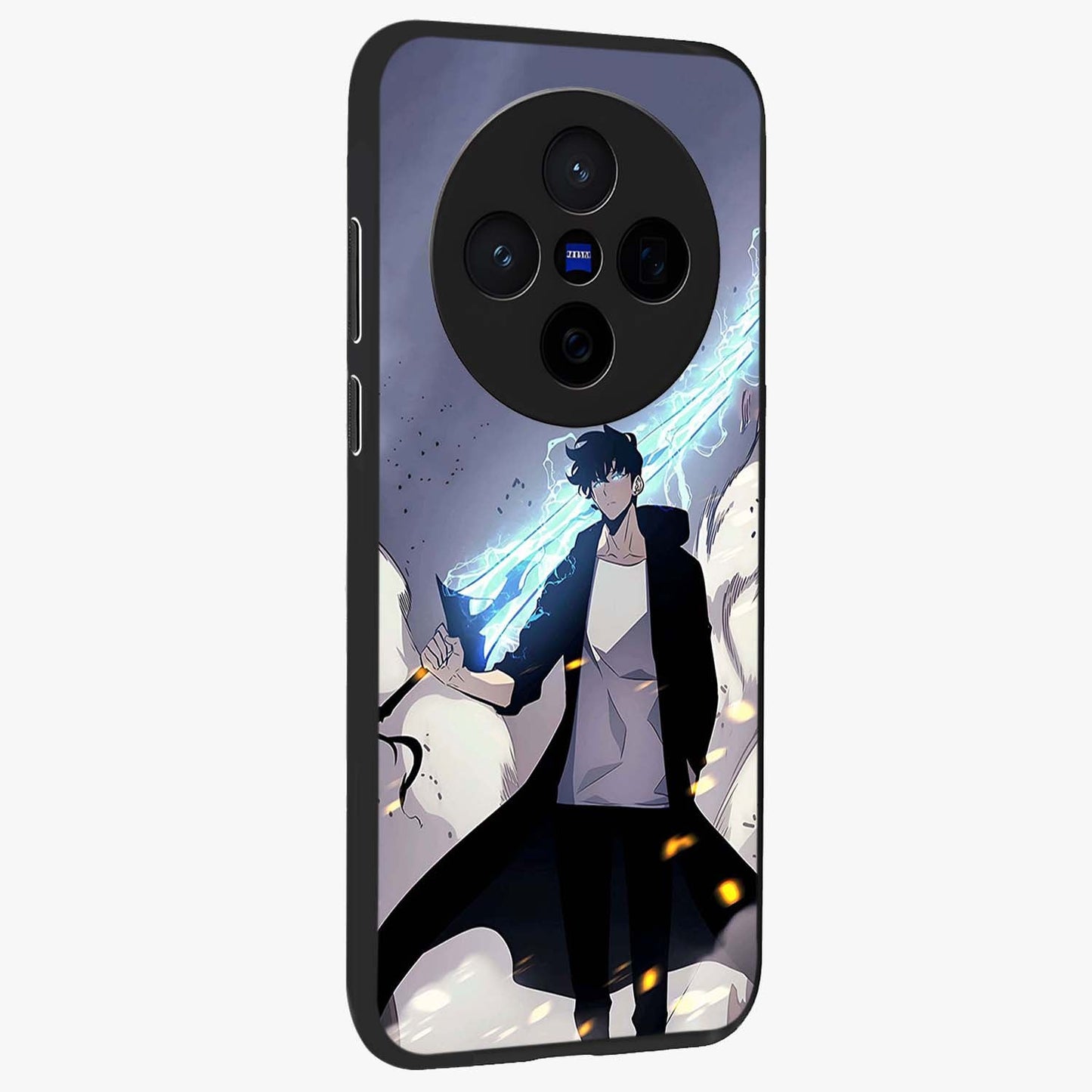 Dark Lightning Anime Warrior Glass Case upright view showcasing dramatic warrior artwork with dark lightning aesthetic.