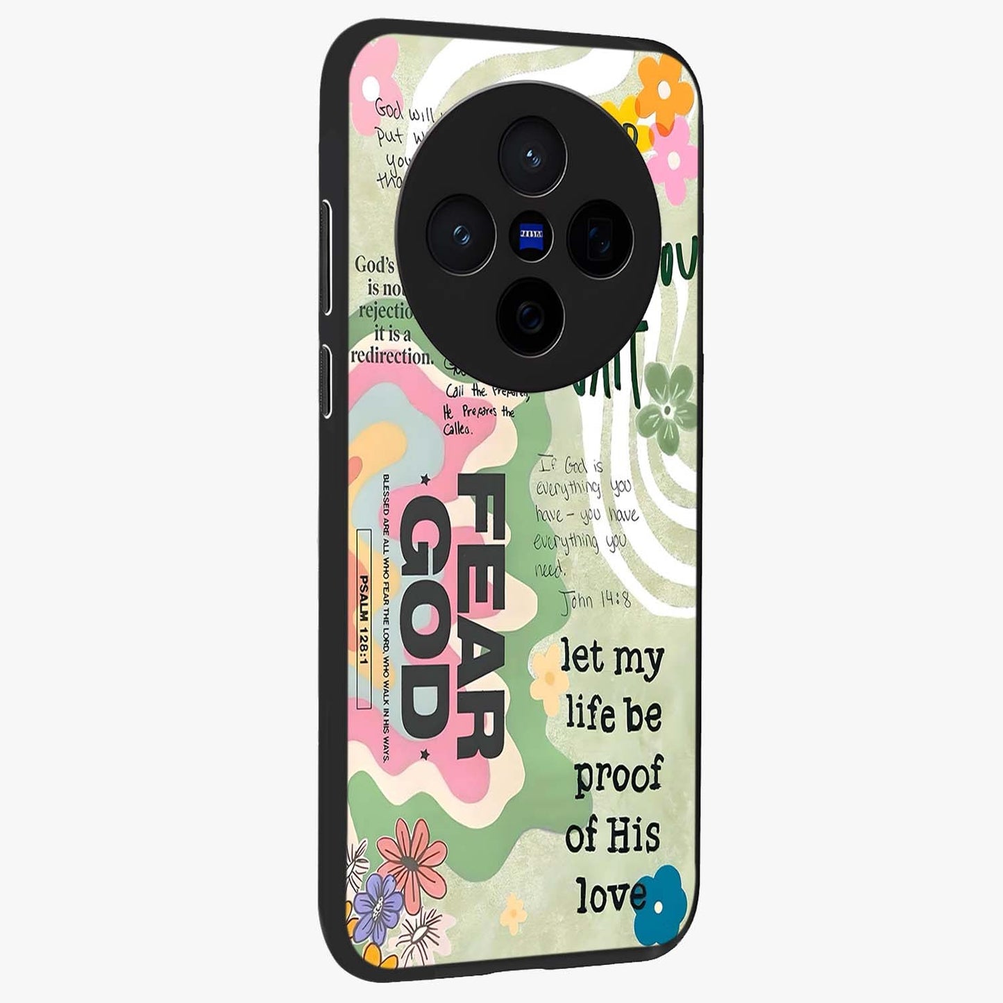 Faith Over Fear Glass Case upright view showcasing bold typography artwork with uplifting motivational theme.