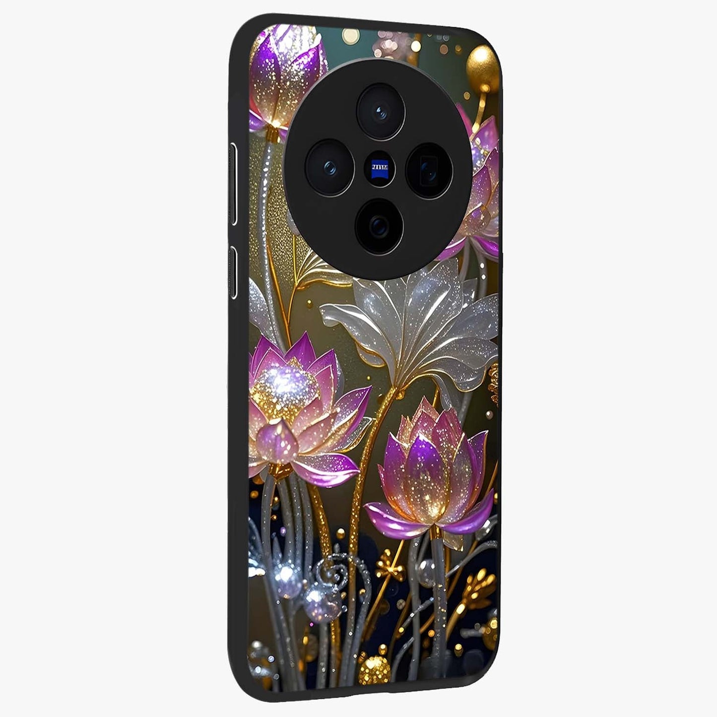 Golden Floral Majesty Glass Case upright view showcasing majestic floral artwork with rich decorative theme.
