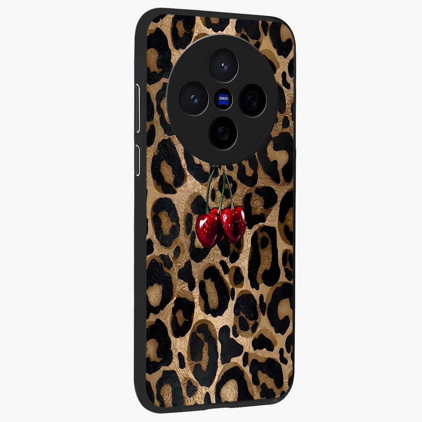 Leopard Wild Cherry Glass Case upright view showcasing stylish leopard pattern artwork with trendy fashion theme.