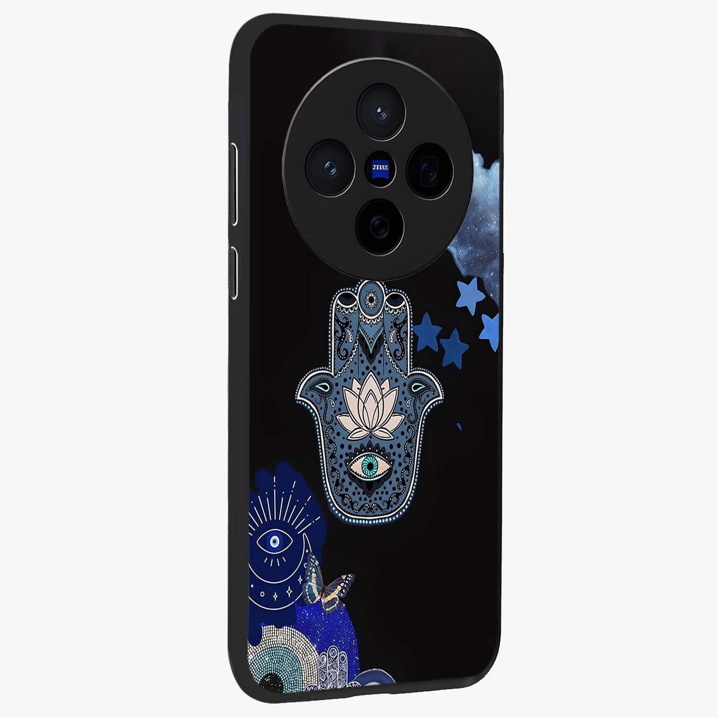 Mystic Hand Aura Glass Case upright view showcasing symbolic hand artwork with mystical energy theme.