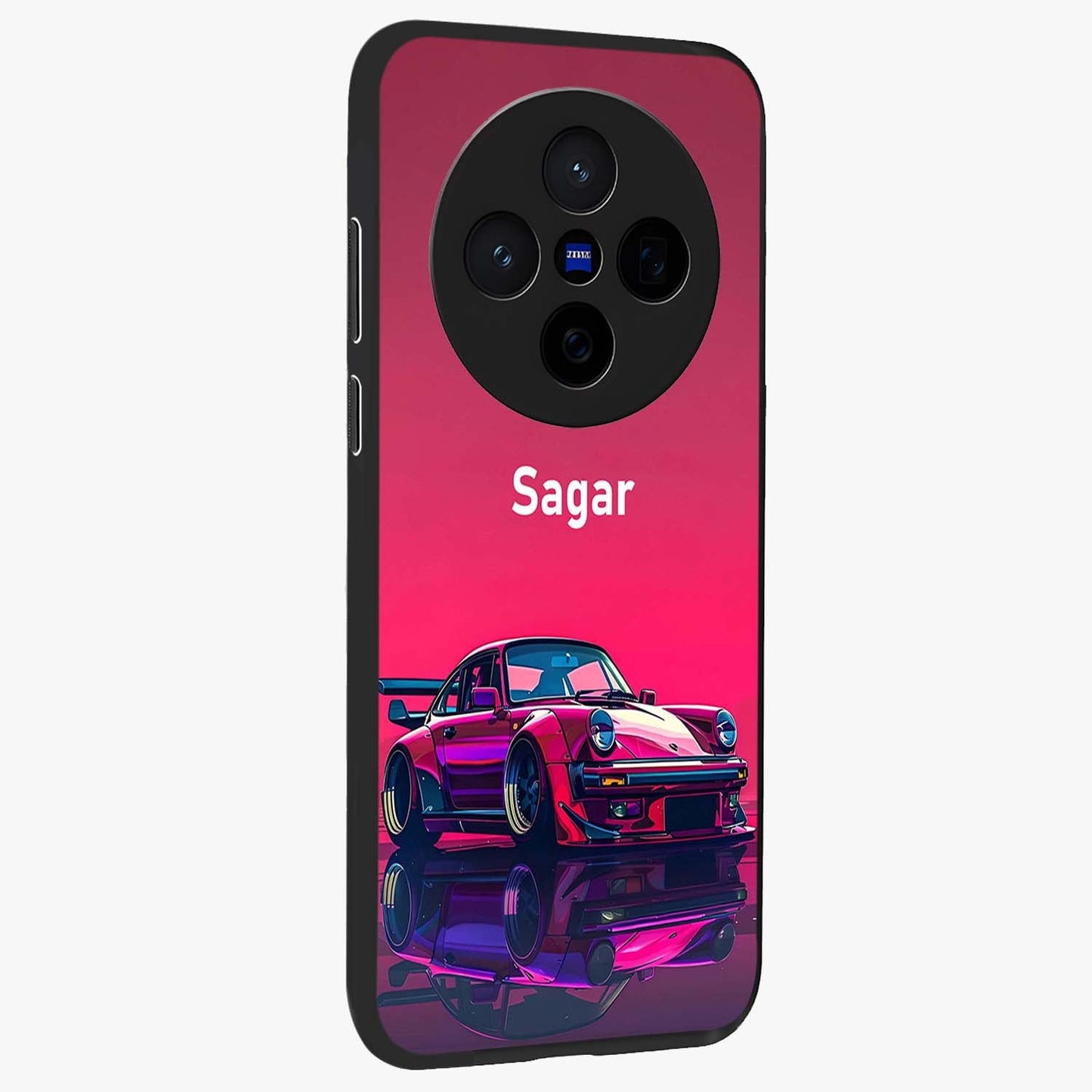 Neon Pink Porsche Glass Case upright view showcasing vibrant sports car artwork with bold automotive theme.
